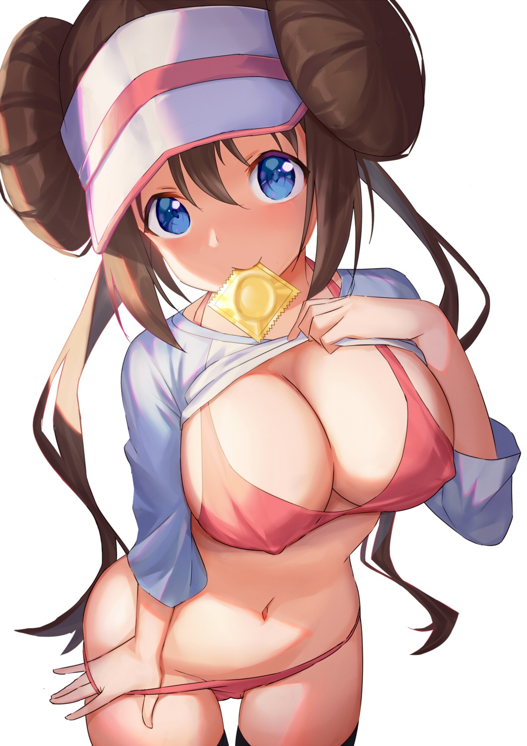 bikini breast_hold chinpan erect_nipples mei_(pokemon) panty_pull pokemon pokemon_b2w2 shirt_lift swimsuits thighhighs