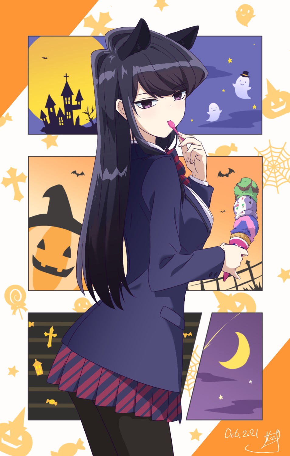 animal_ears halloween komi-san_wa_komyushou_desu. komi_shouko nii_manabu pantyhose seifuku