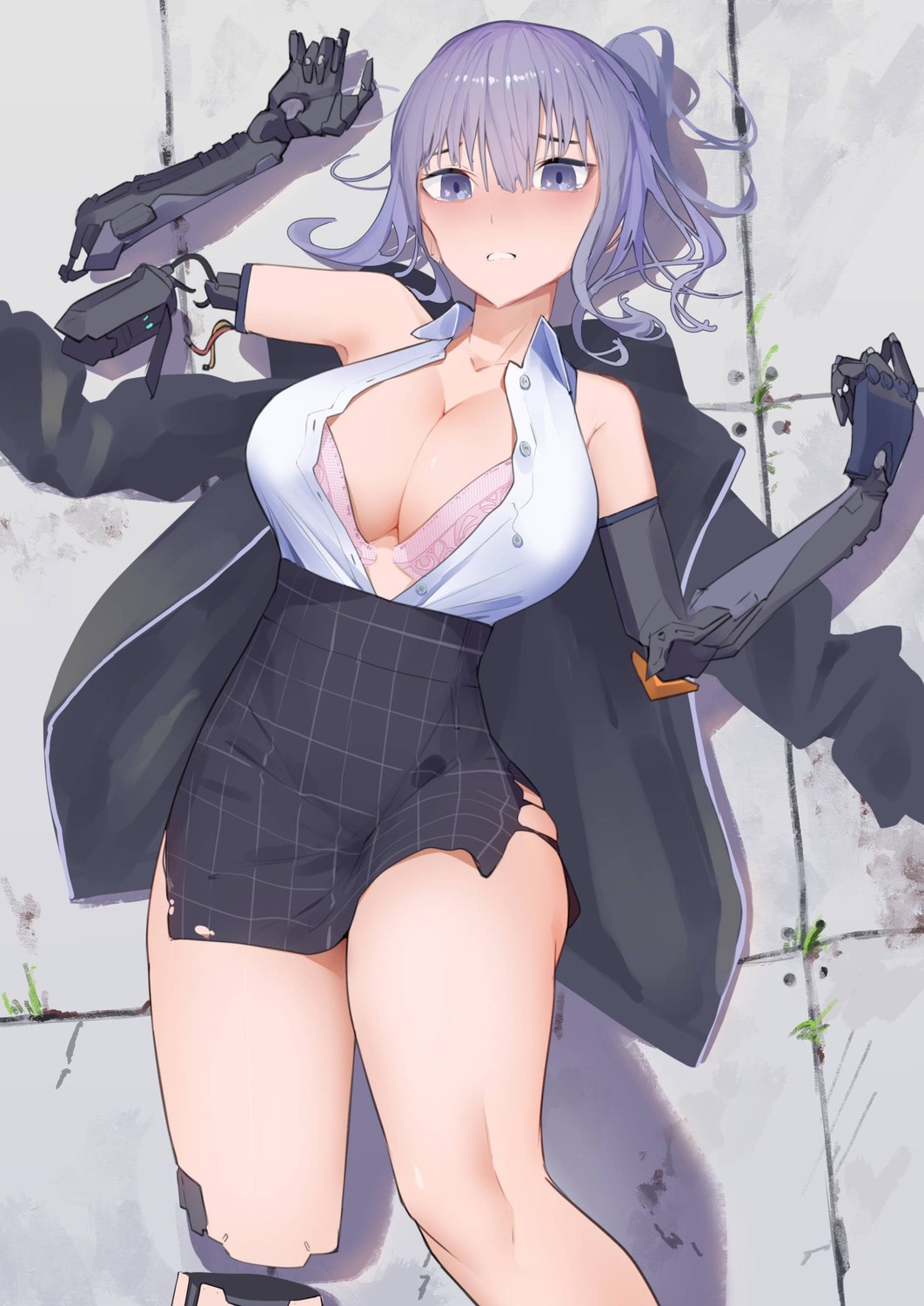 apple_field bra mecha_musume open_shirt torn_clothes