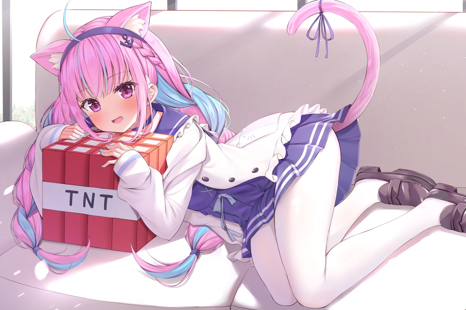 animal_ears hololive minato_aqua minecraft nekomimi pantyhose seifuku skirt_lift tail xue_lu