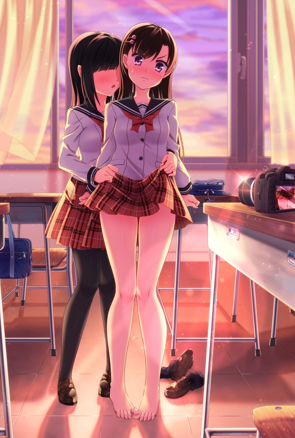 feet nukoko_(akumagansyakudairi) pantyhose seifuku skirt_lift yuri