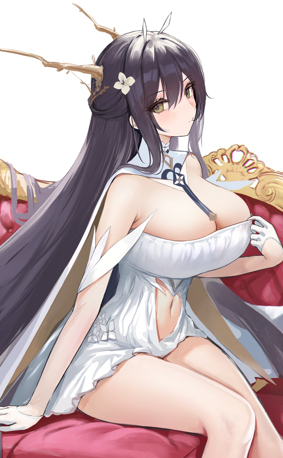 azur_lane dress horns indomitable_(azur_lane) no_bra sauvignon