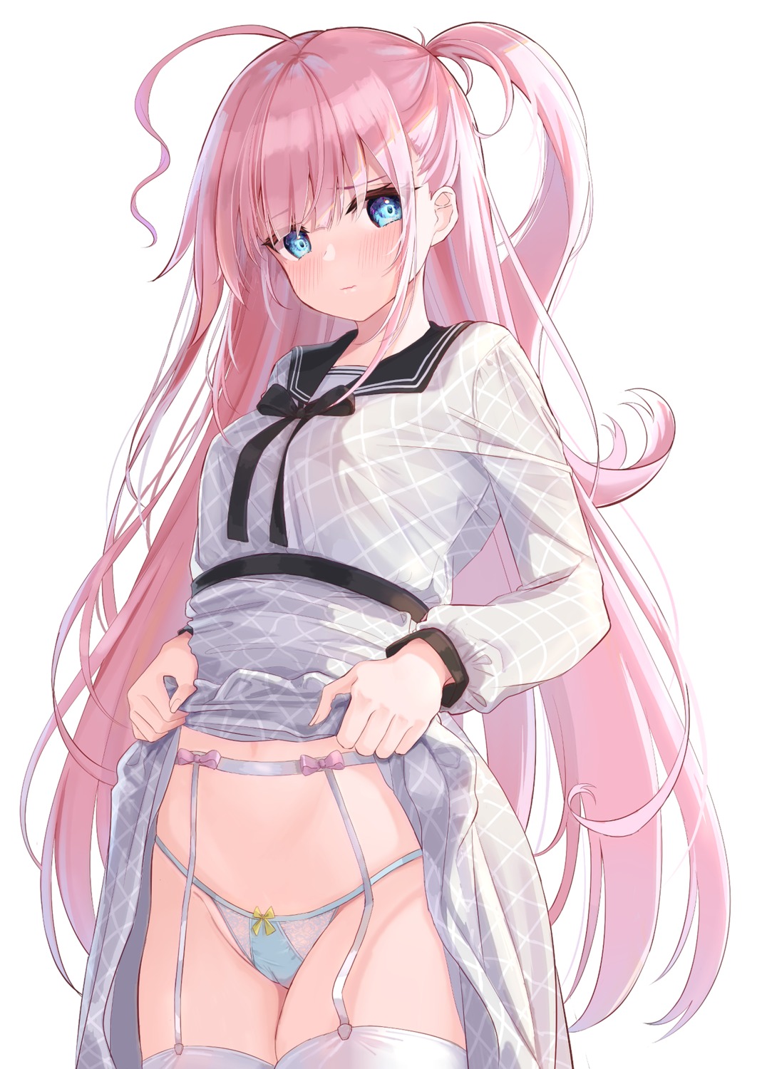 cameltoe garter_belt hayashi_takeo pantsu seifuku skirt_lift stockings thighhighs