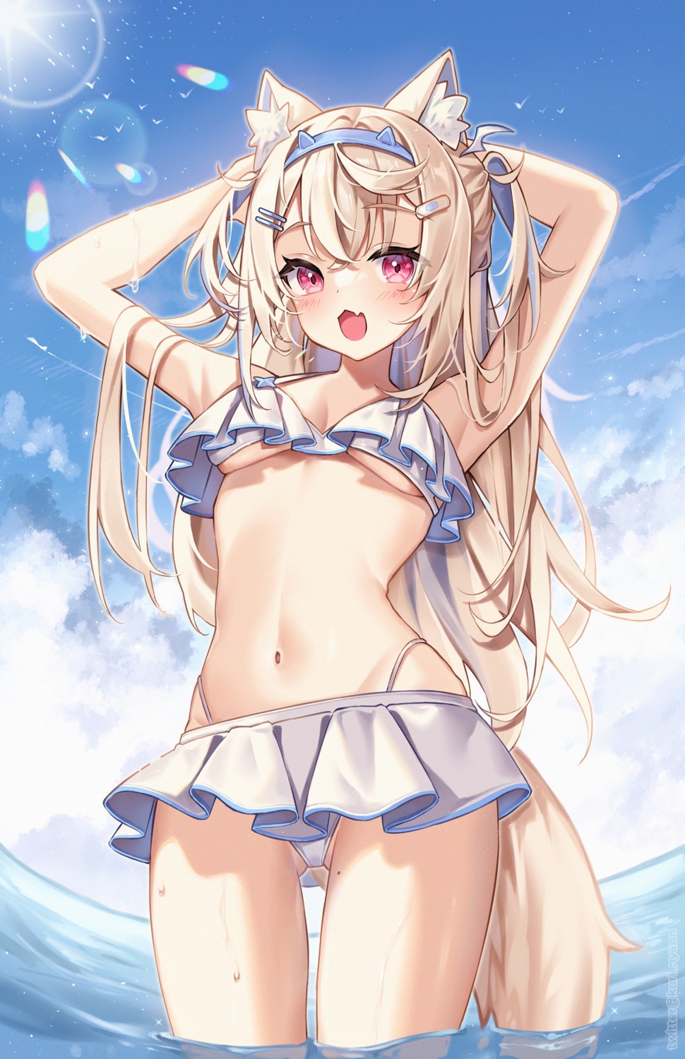 animal_ears bandaid bikini fuwawa_abyssgard hololive hololive_english inumimi kuri_(animejpholic) swimsuits tail wet