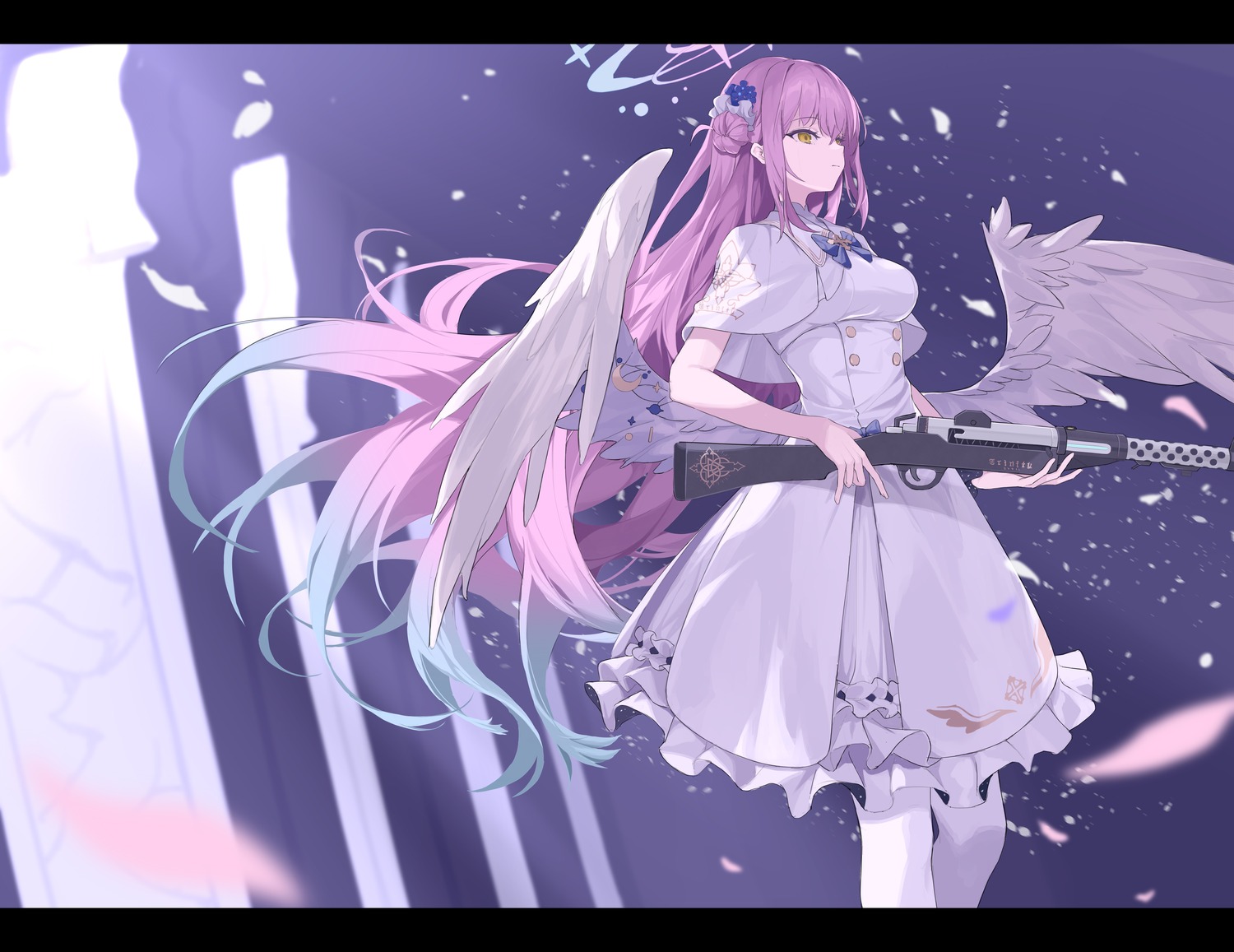 angel blue_archive dress gun misono_mika pantyhose wings yume_(454565427)