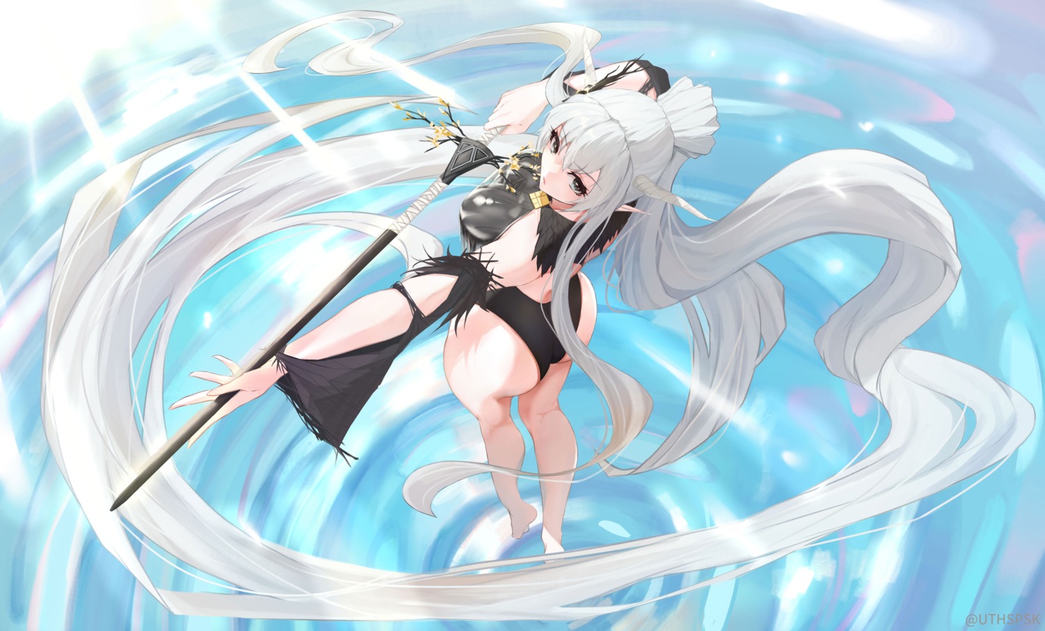 arknights ass horns pointy_ears shining_(arknights) swimsuits sword uthspsk