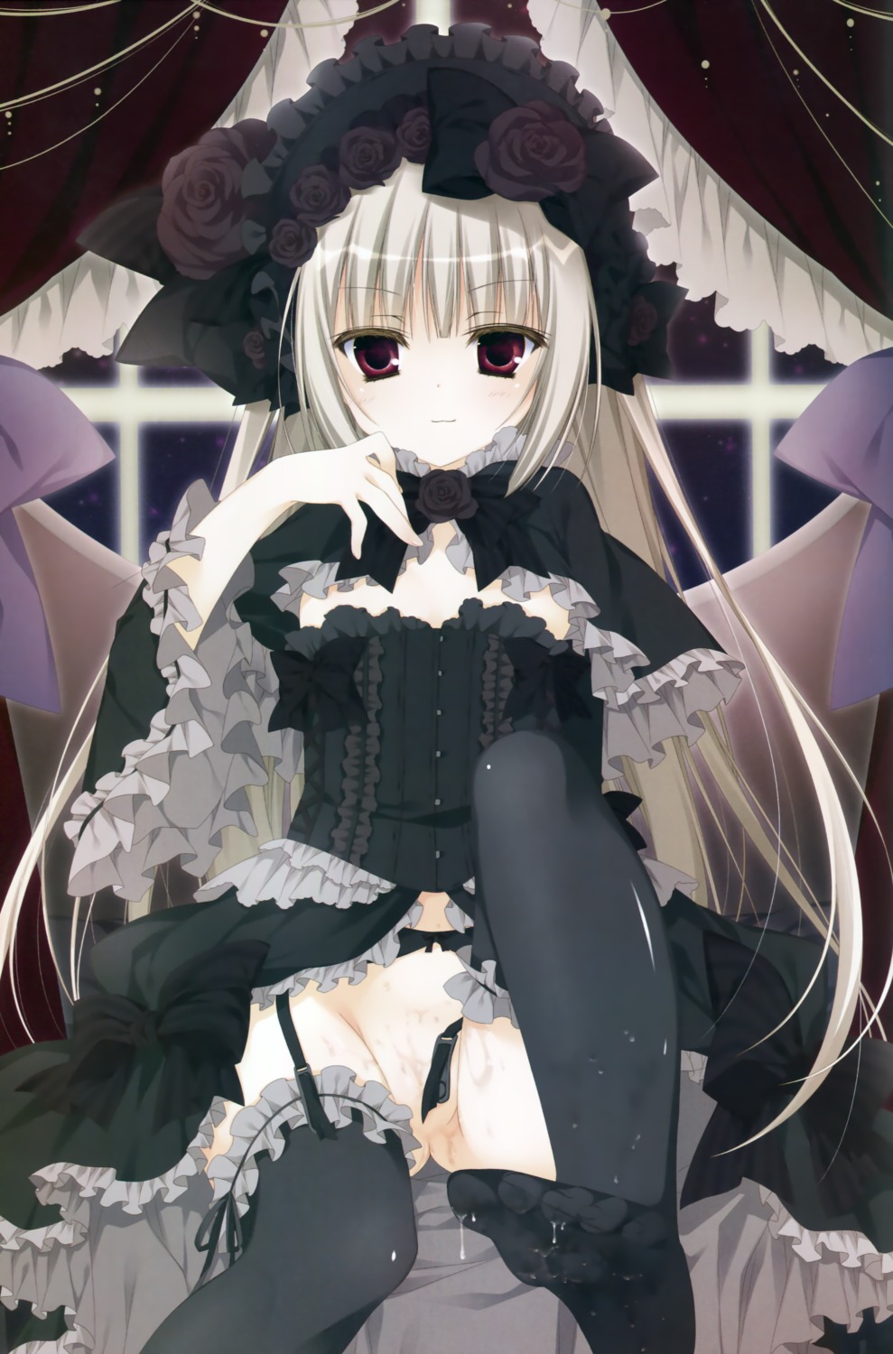 cum dress feet garter_belt gothic_lolita inugami_kira lolita_fashion nopan overfiltered pussy stockings thighhighs