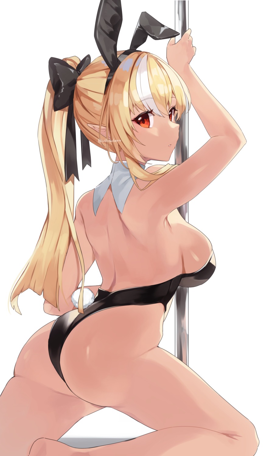 animal_ears ass bunny_ears bunny_girl elf hololive nikuya_mugi no_bra pointy_ears shiranui_flare tail