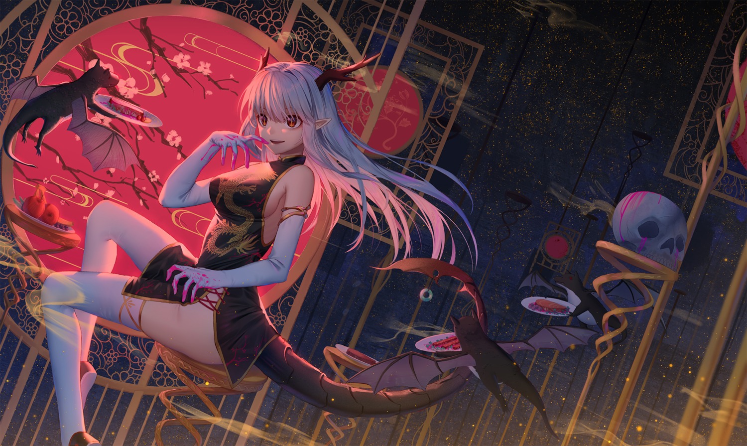 chinadress horns ji_dao_ji monster monster_girl pointy_ears tail thighhighs