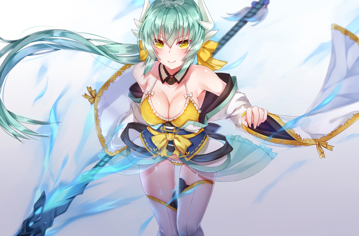 bikini cleavage fate/grand_order horns kiyohime_(fate/grand_order) open_shirt sll swimsuits thighhighs weapon