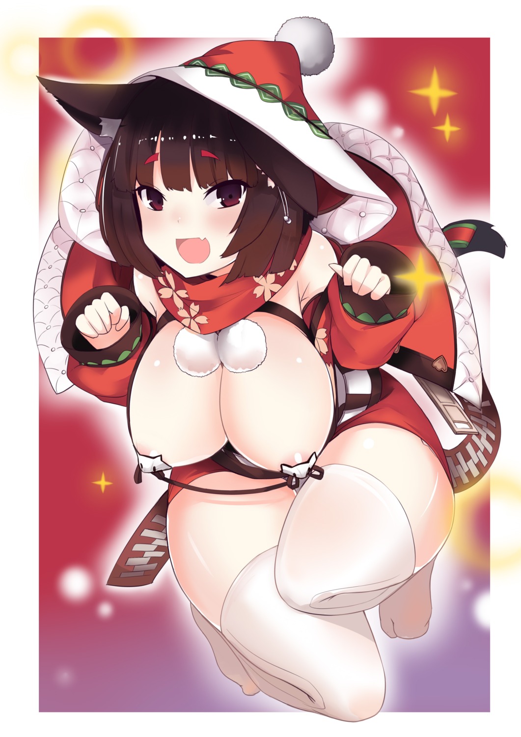 animal_ears areola azur_lane breasts christmas erect_nipples no_bra open_shirt pantsu pasties senhontsuki tail thighhighs yamashiro_(azur_lane)