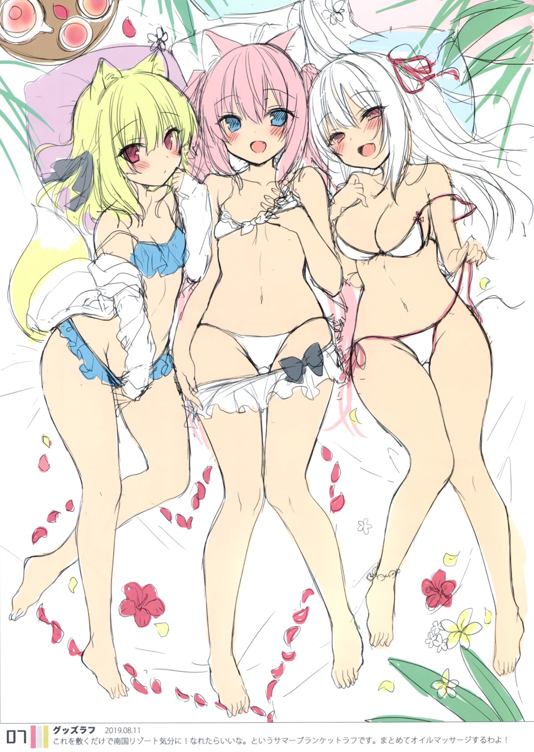 23.4° animal_ears bikini boku_no_risou_no_isekai_seikatsu breast_grab breast_hold cameltoe chise_(ichiri) cleavage ichiri kitsune loli misia_(ichiri) nekomimi open_shirt panty_pull rabimea_(ichiri) sketch swimsuits tail undressing