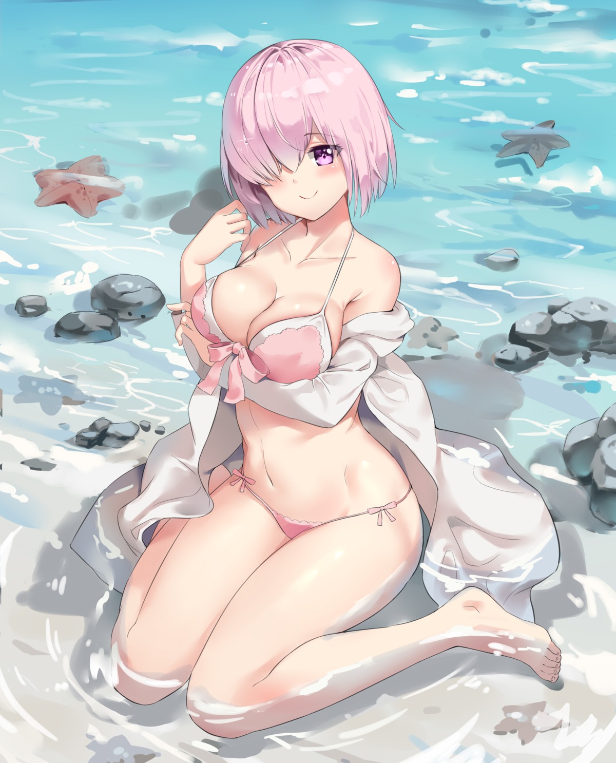bikini breast_hold cleavage fate/grand_order lazy_scorpion mash_kyrielight open_shirt swimsuits wet
