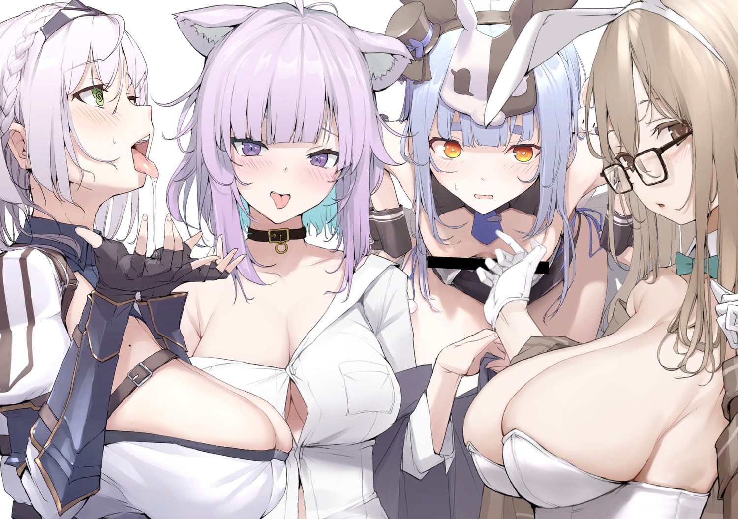 animal_ears blue_archive bunny_ears cleavage crossover dress_shirt hololive hololive_gamers megane mitsuru_(pixiv_34028718) murokasa_akane nekomata_okayu nekomimi no_bra open_shirt shirogane_noel usada_pekora