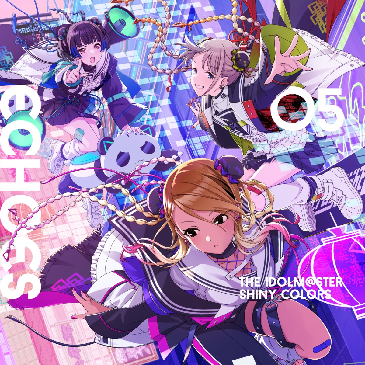 bandaid disc_cover fishnets garter im@ssc_kaihatsu_team izumi_mei mayuzumi_fuyuko serizawa_asahi skirt_lift the_idolm@ster the_idolm@ster_shiny_colors uniform