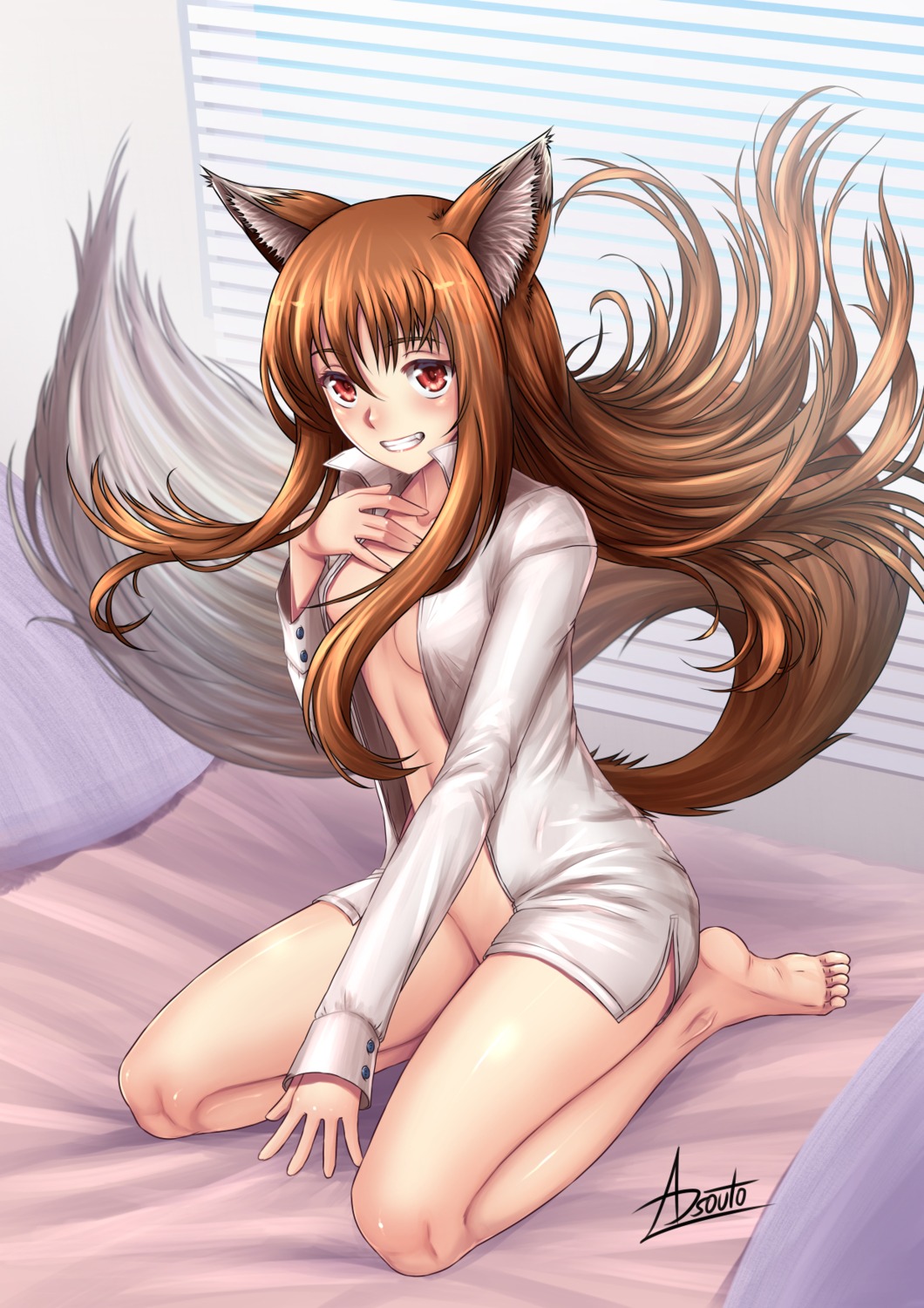 adsouto animal_ears bottomless dress_shirt holo no_bra open_shirt spice_and_wolf tail