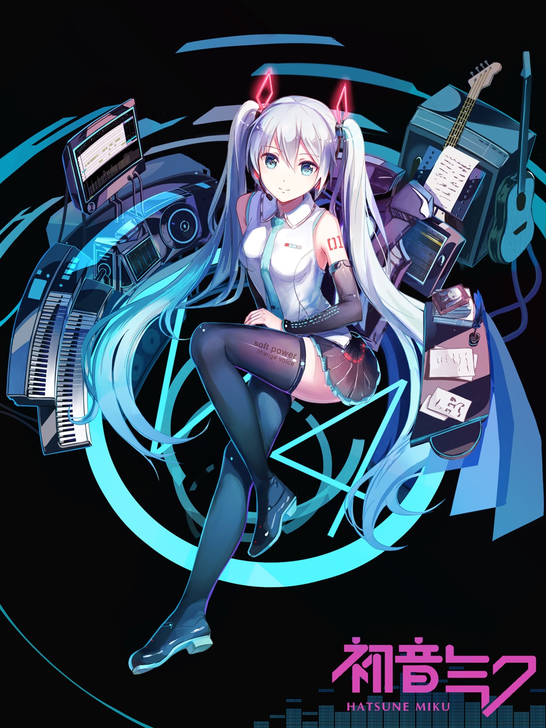 hatsune_miku headphones heels red_flowers tattoo thighhighs vocaloid