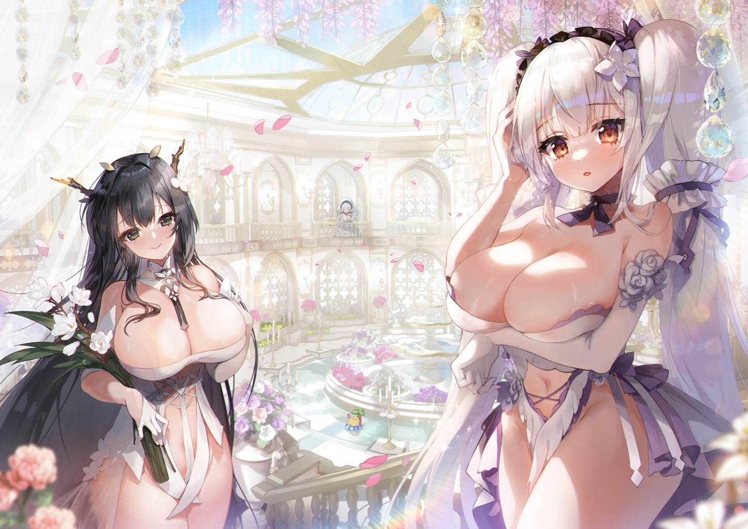 apple_caramel azur_lane breast_hold dress formidable_(azur_lane) horns indomitable_(azur_lane) no_bra nopan see_through