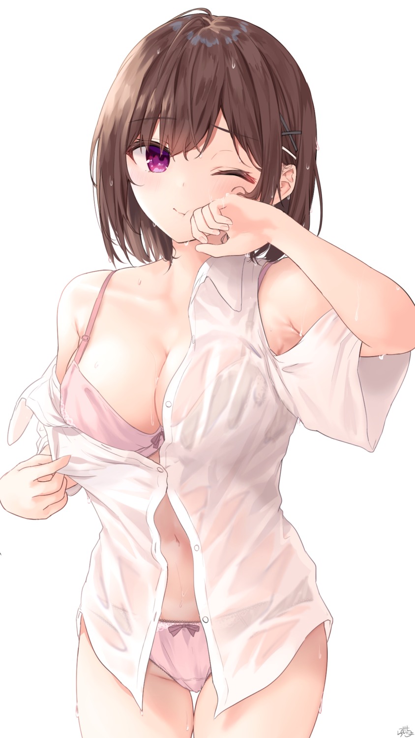 bra dress_shirt open_shirt osananajimi-chan_(ramchi) pantsu ramchi see_through undressing wet wet_clothes