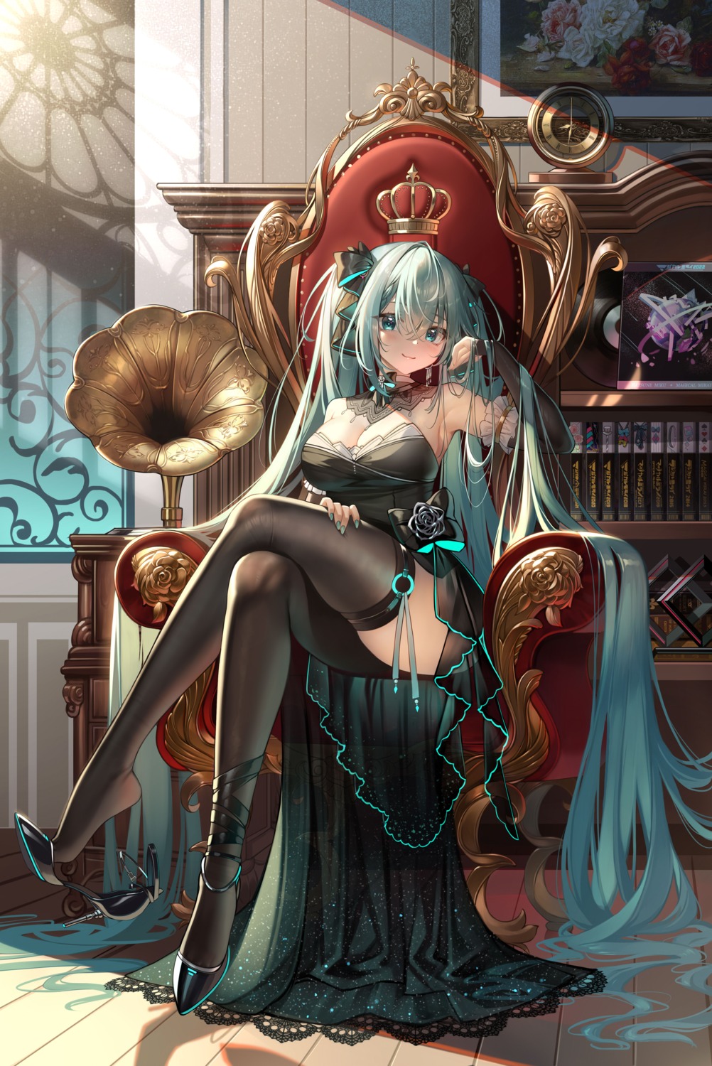 dress garter hatsune_miku heels meion no_bra see_through skirt_lift thighhighs vocaloid