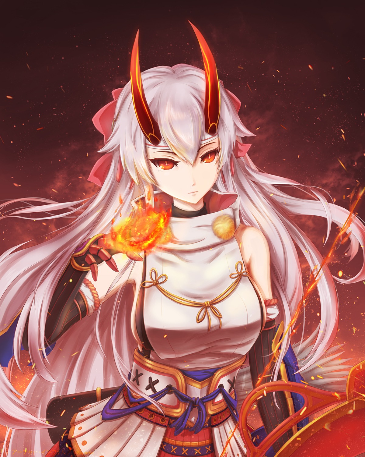 fate/grand_order horns japanese_clothes skyde_kei tomoe_gozen_(fate/grand_order)