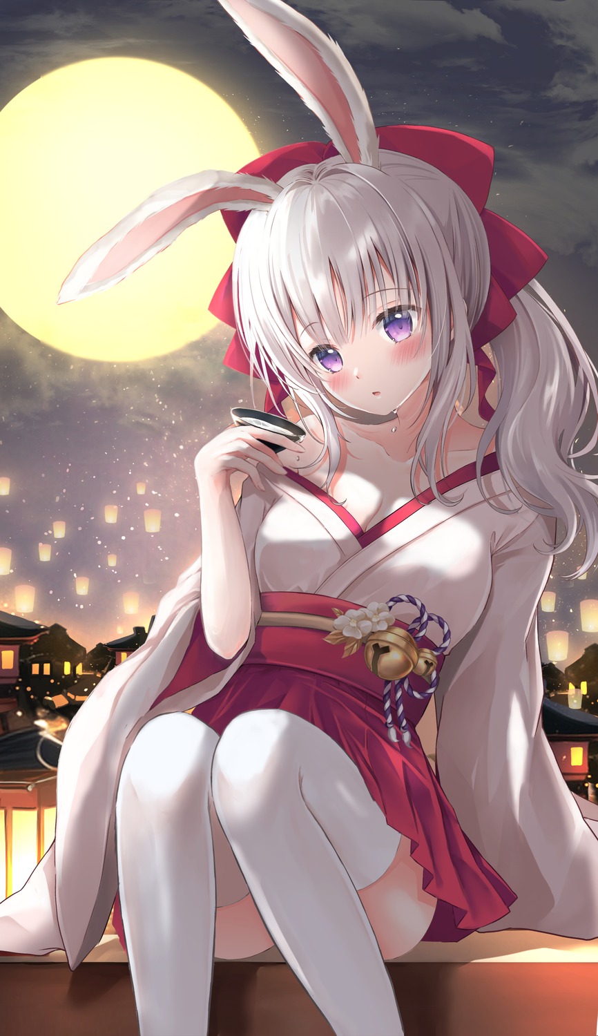 animal_ears bunny_ears maya_(tirolpop) miko no_bra open_shirt thighhighs