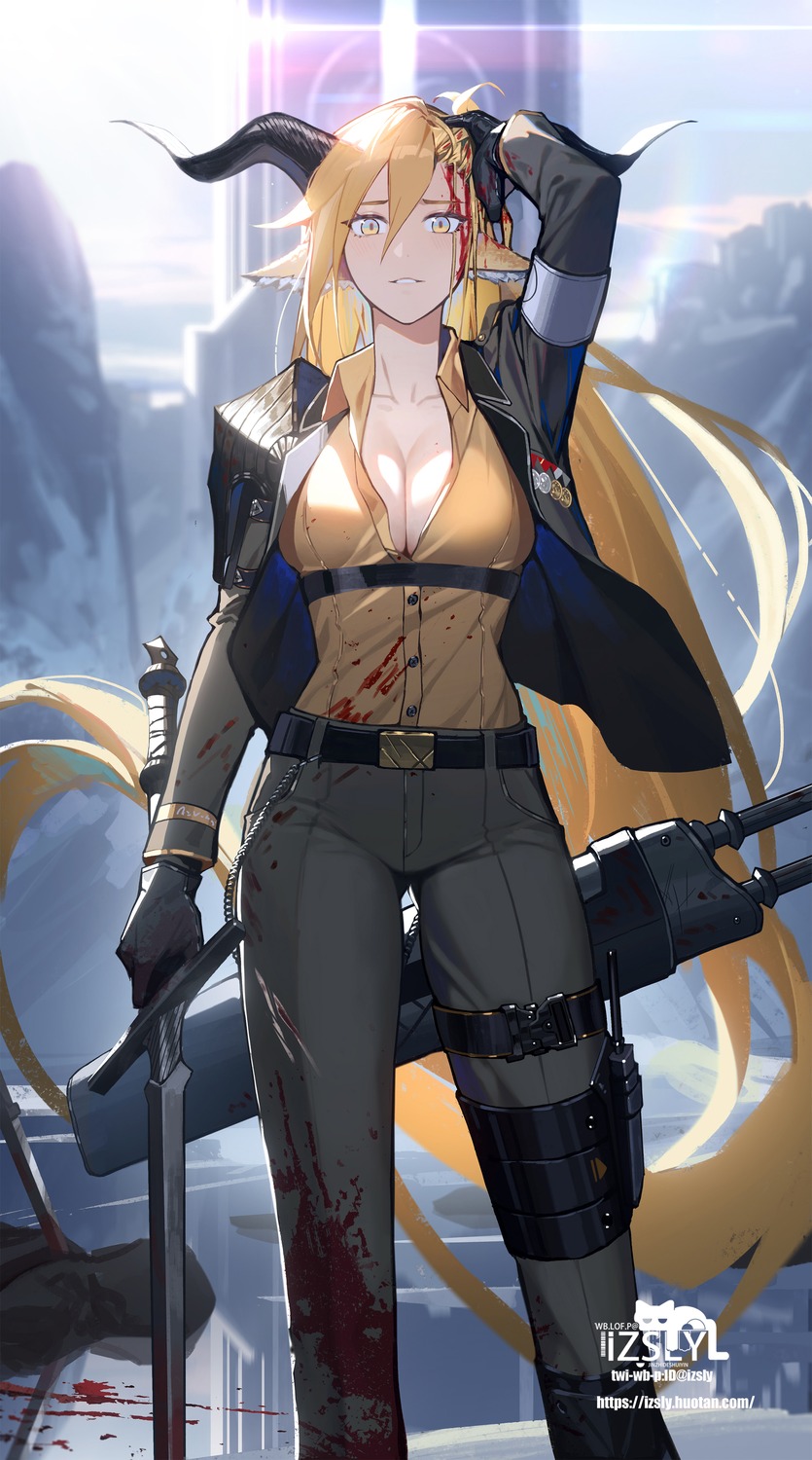 animal_ears arknights blood cleavage degenbrecher_(arknights) garter horns izsly open_shirt sword uniform