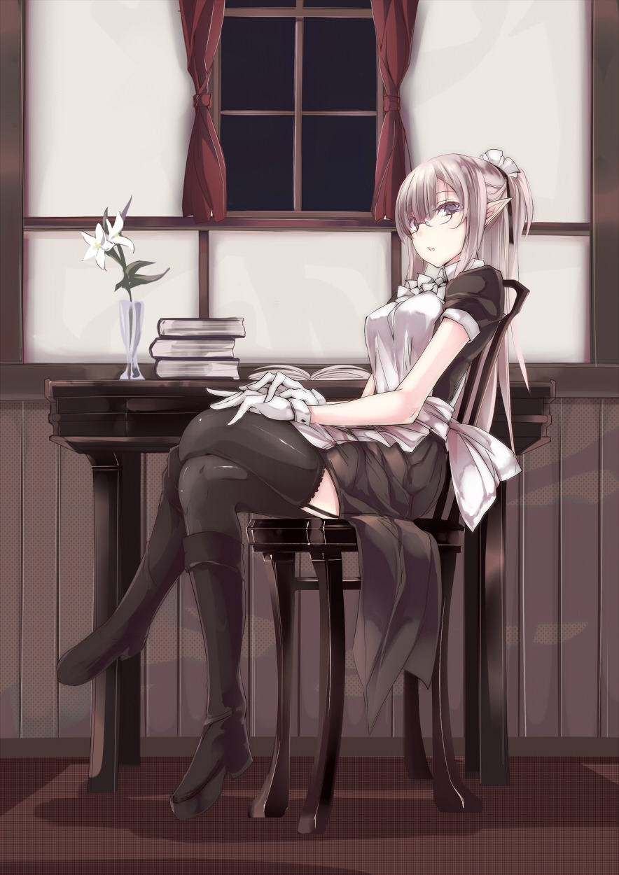 maid megane pointy_ears stockings thighhighs touma_raito