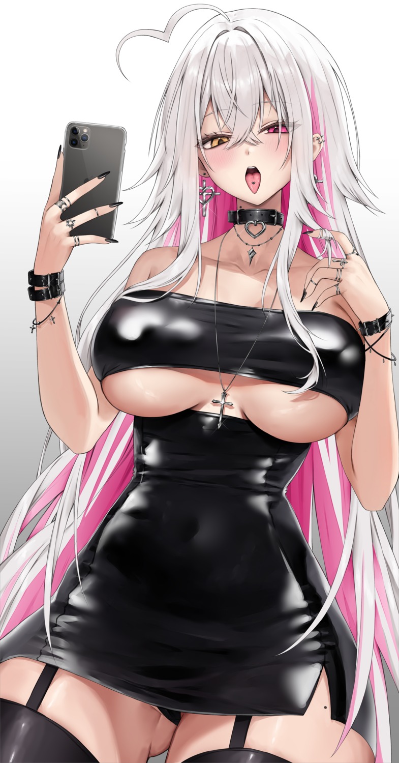 dress heterochromia no_bra pantsu selfie skirt_lift stockings thighhighs thong vitaminechan vivi_(vitaminechan)