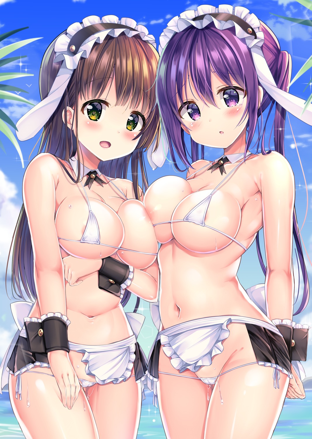 animal_ears areola bikini breast_hold breasts bunny_ears cameltoe gochuumon_wa_usagi_desu_ka? kurou_(quadruple_zero) maid panty_pull pussy_juice swimsuits symmetrical_docking tedeza_rize ujimatsu_chiya wet