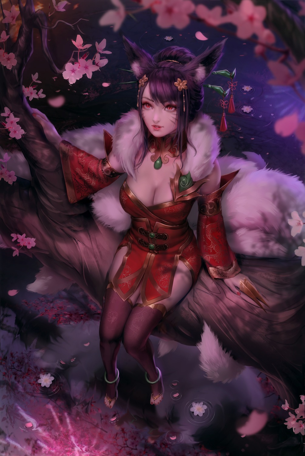 ahri animal_ears cleavage japanese_clothes kitsune league_of_legends no_bra tail thighhighs zarory