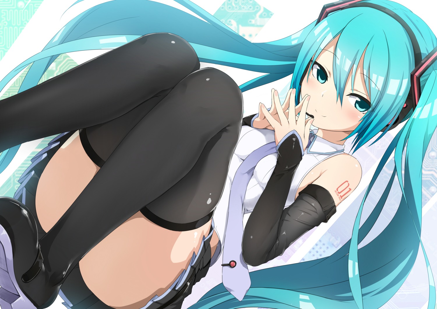 abmayo hatsune_miku headphones tattoo thighhighs vocaloid