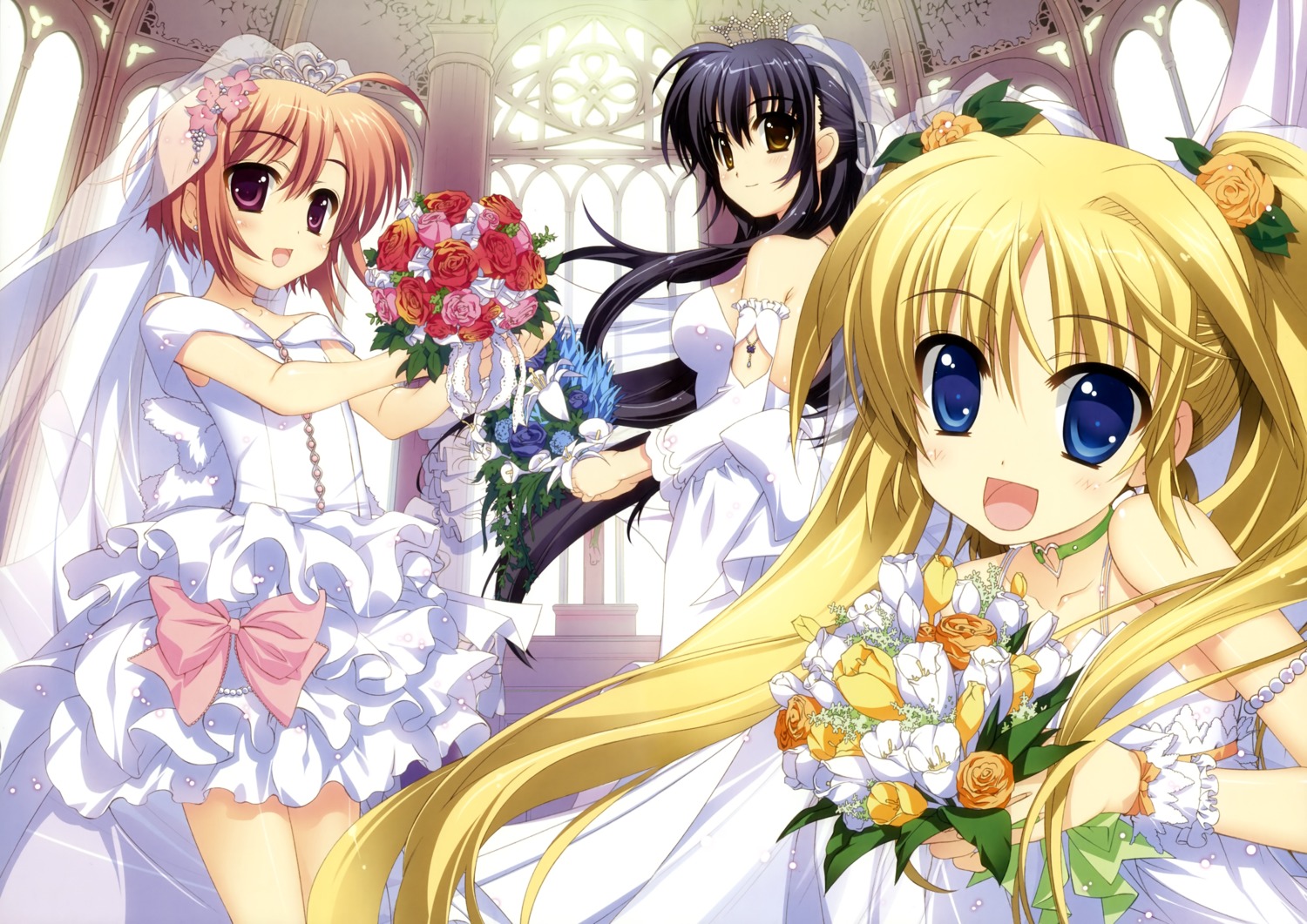 akiyama_mayu dress fujima_takuya no_bra smile_shooter suzuhira_airi usaki_yurina wedding_dress