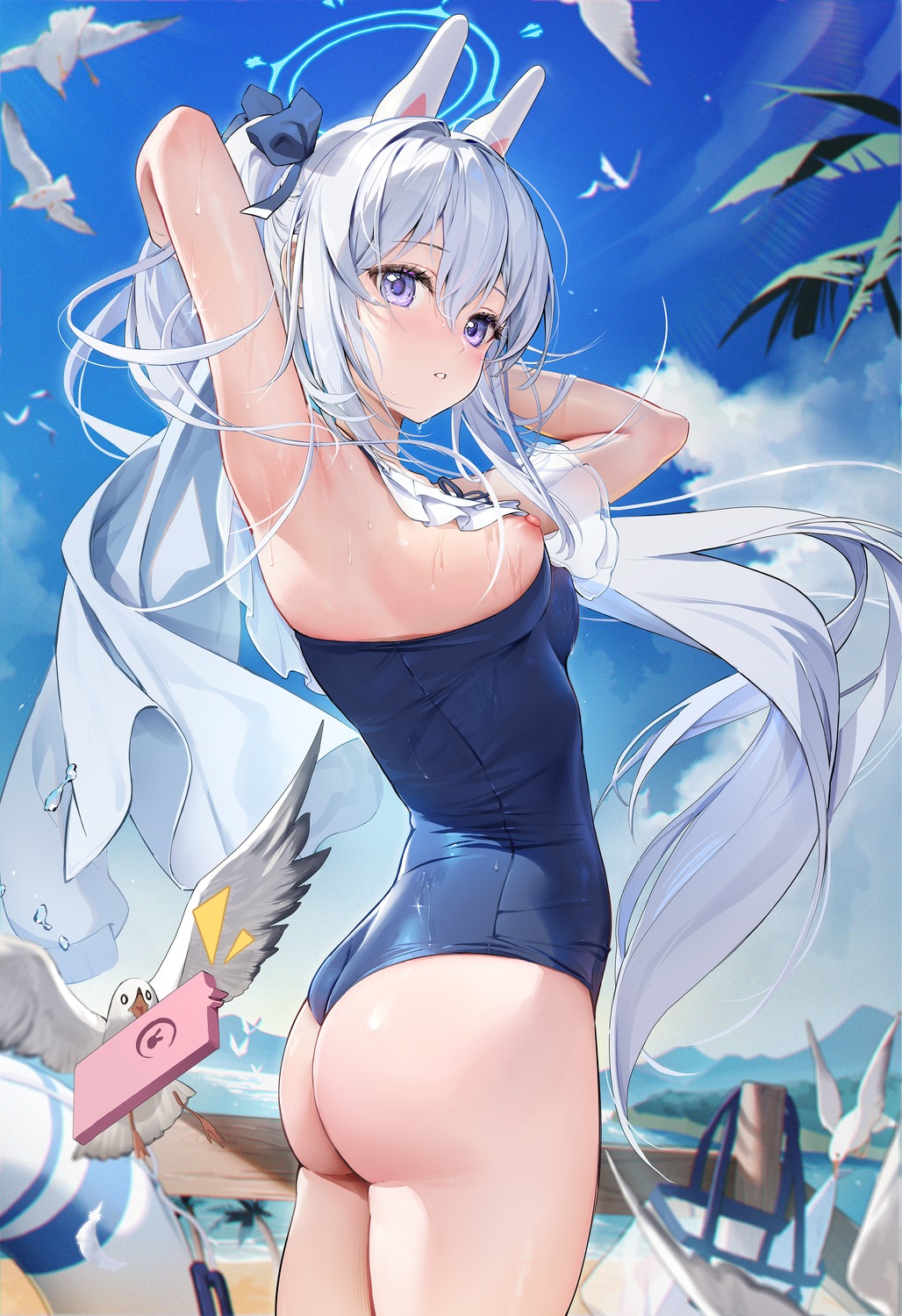 animal_ears ass blue_archive bunny_ears halo houkisei nipples swimsuits tsukiyuki_miyako wardrobe_malfunction