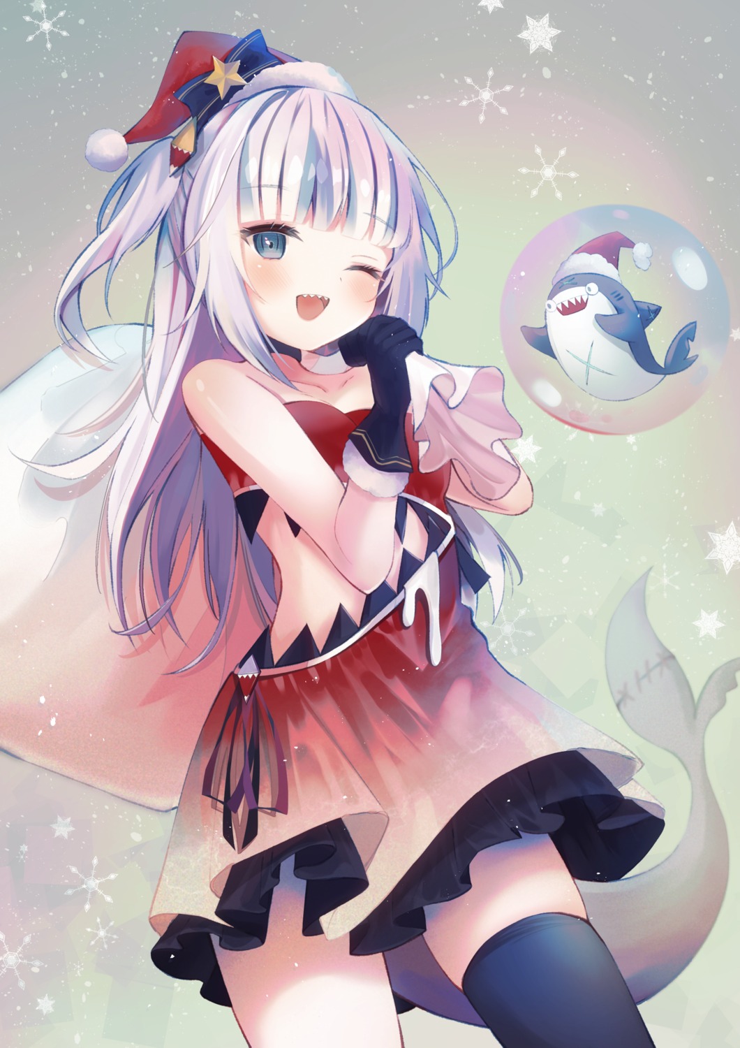 christmas dress gawr_gura hololive hololive_english tail thighhighs yuzuno_kaori