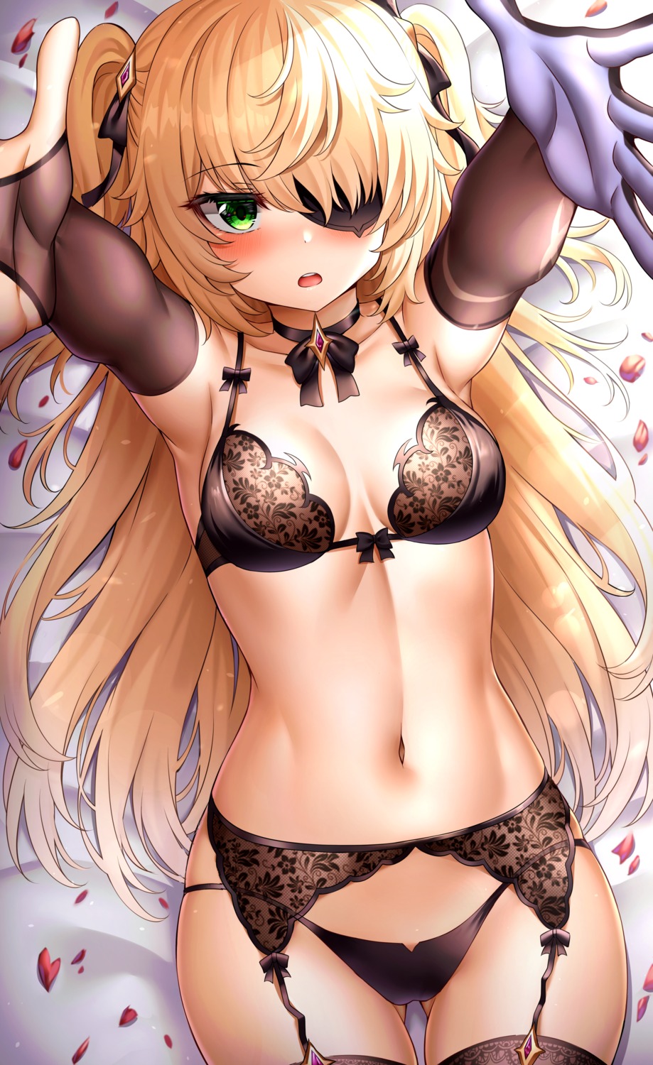 bra eyepatch fischl garter_belt genshin_impact lingerie pantsu stockings sunhyun thighhighs