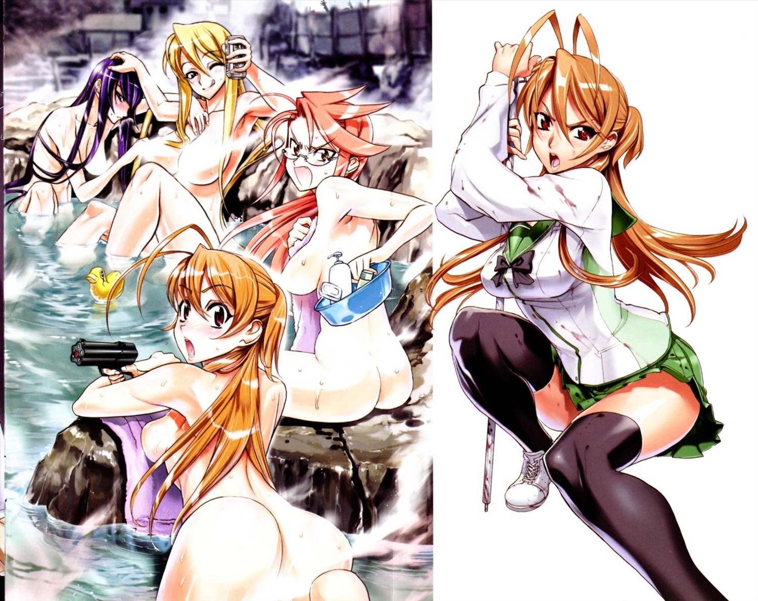 ass busujima_saeko highschool_of_the_dead inazuma marikawa_shizuka miyamoto_rei naked onsen seifuku takagi_saya thighhighs