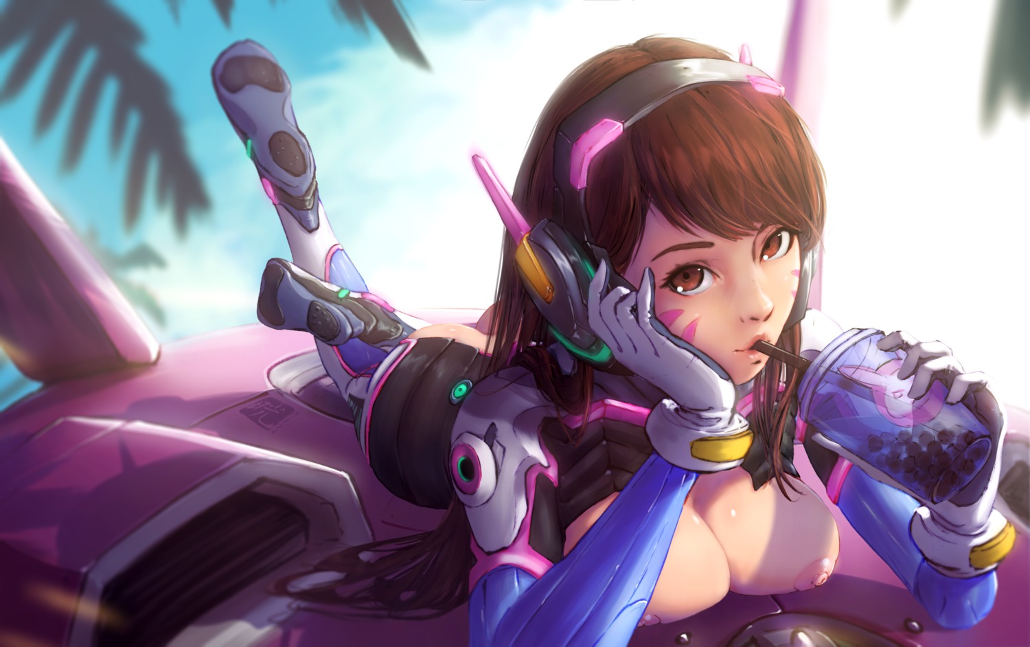 bodysuit breasts d.va headphones mitsu_(mitsu_art) nipples no_bra nopan overwatch