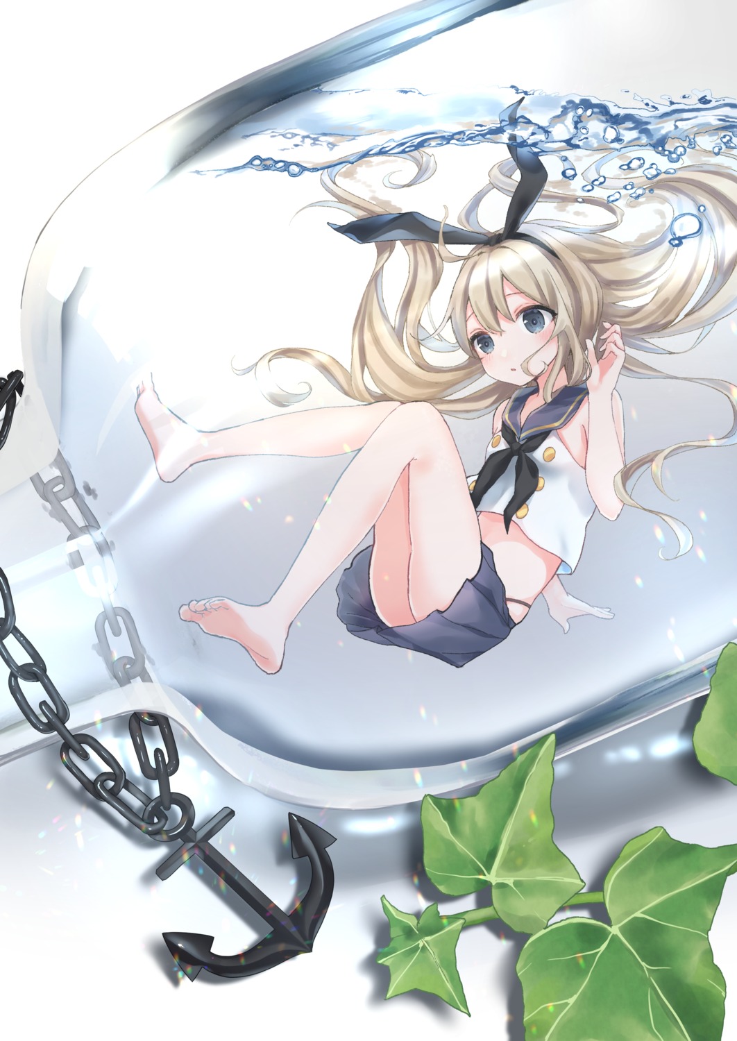 animal_ears bunny_ears feet hoshi_no_yurara kantai_collection pantsu seifuku shimakaze_(kancolle) skirt_lift wet