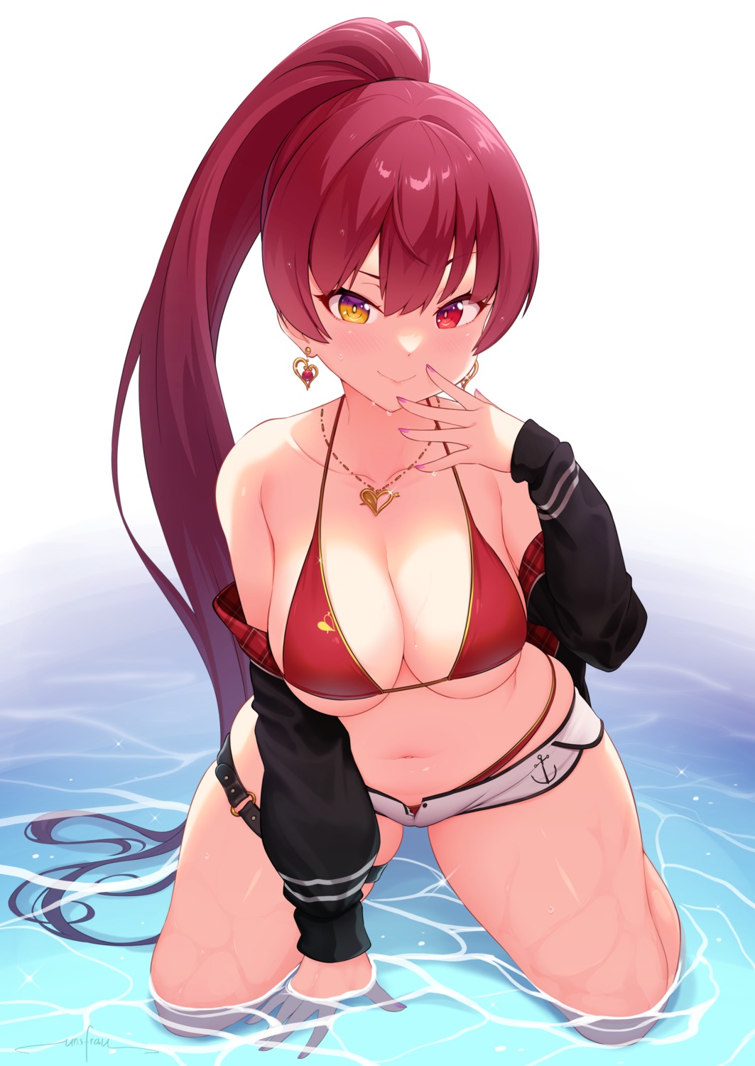 bikini garter heterochromia hololive houshou_marine open_shirt swimsuits unsfrau wet