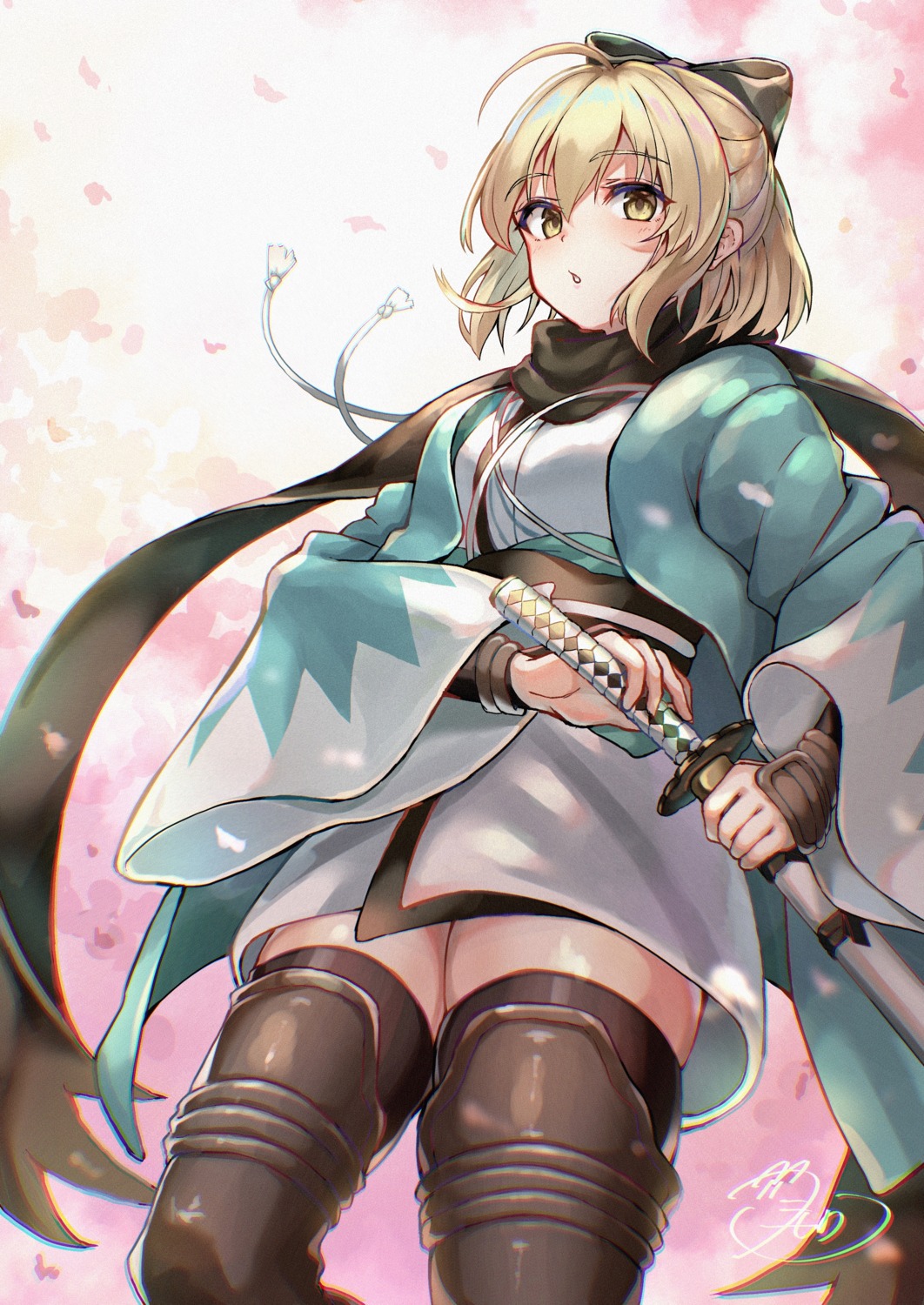 fate/grand_order fueto_hiroki japanese_clothes okita_souji_(fate) sword thighhighs