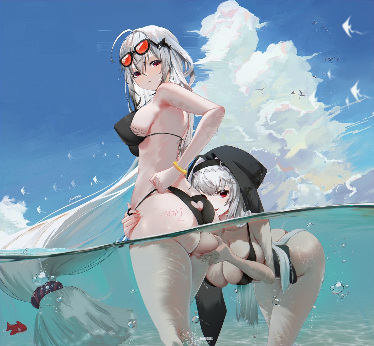 arknights ass ass_grab bikini erect_nipples megane omone_hokoma_agm skadi_(arknights) specter_(arknights) swimsuits thong wet yuri