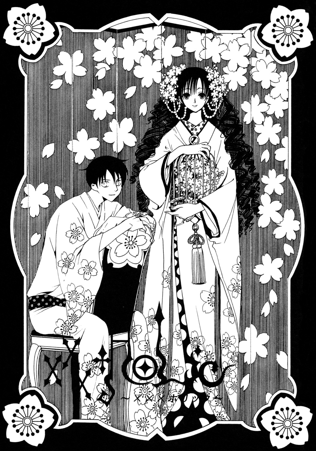 clamp kimono kunogi_himawari monochrome watanuki_kimihiro xxxholic