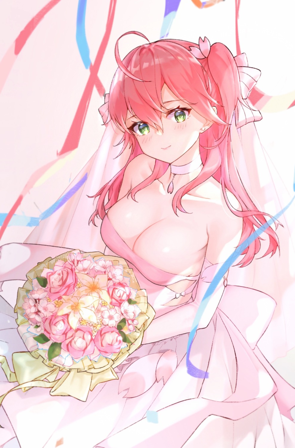 cleavage dress hololive lims_(neko2lims) no_bra sakura_miko wedding_dress