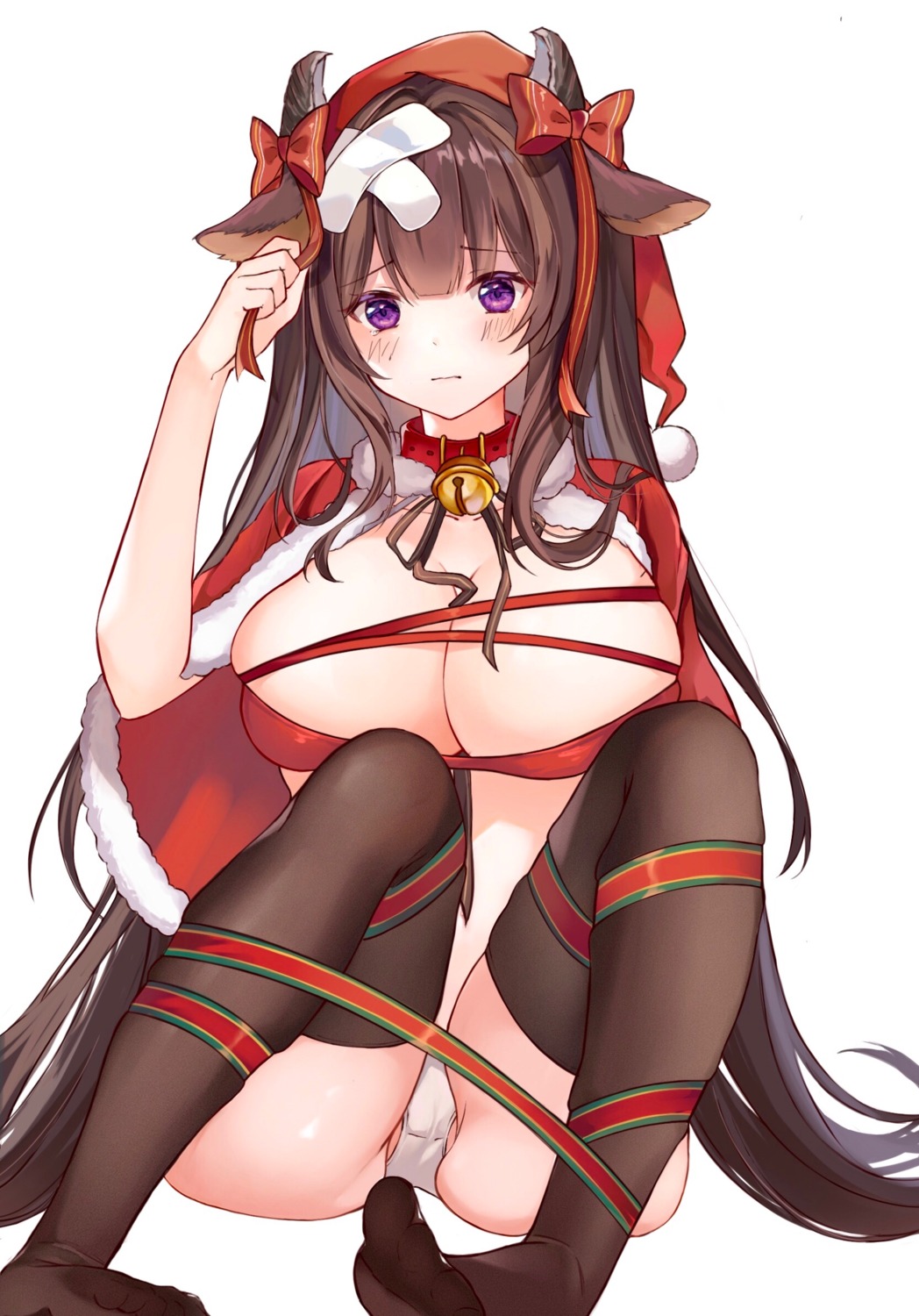 animal_ears artist_revision azur_lane bandaid cameltoe christmas horns kashino_(azur_lane) ki-san no_bra pantsu thighhighs