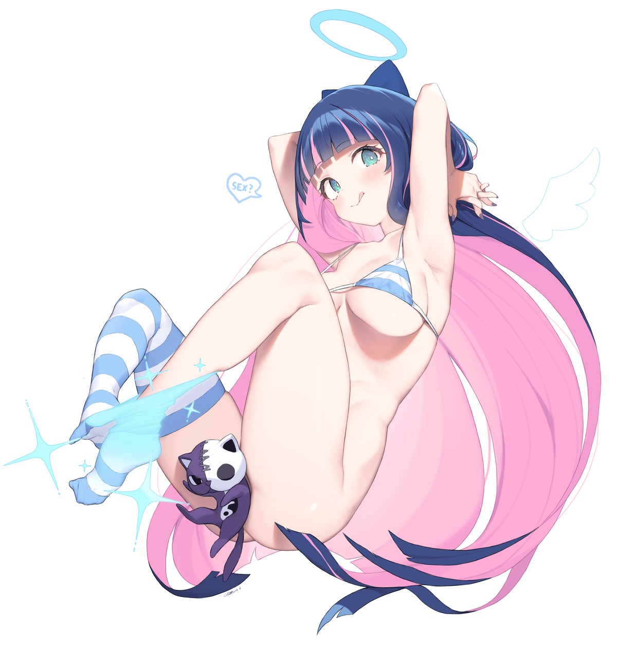 animal_ears ass bikini_top bottomless cloba neko nekomimi panty_&_stocking_with_garterbelt stocking swimsuits tail thighhighs undressing