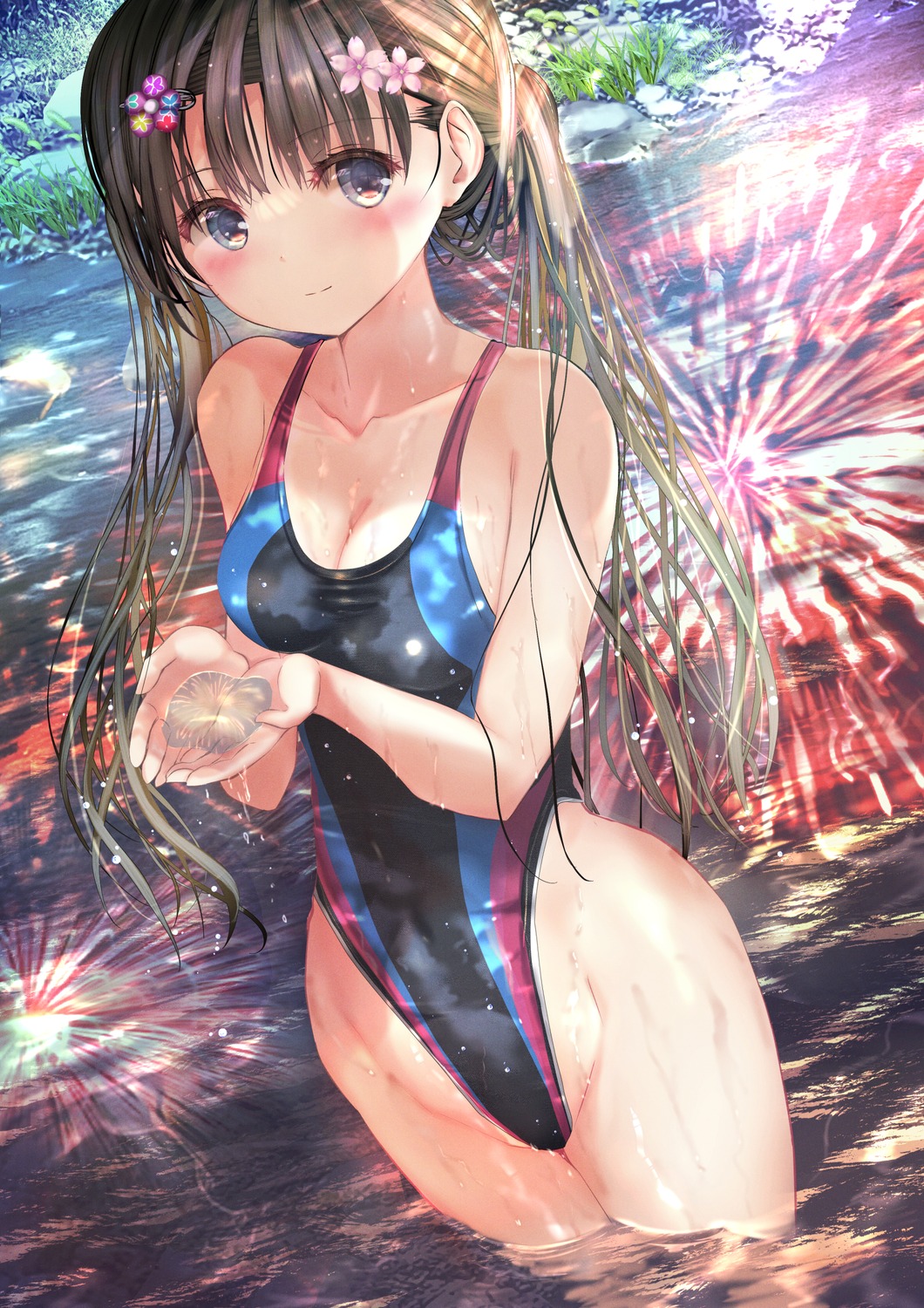 cleavage ogata_tei swimsuits wet