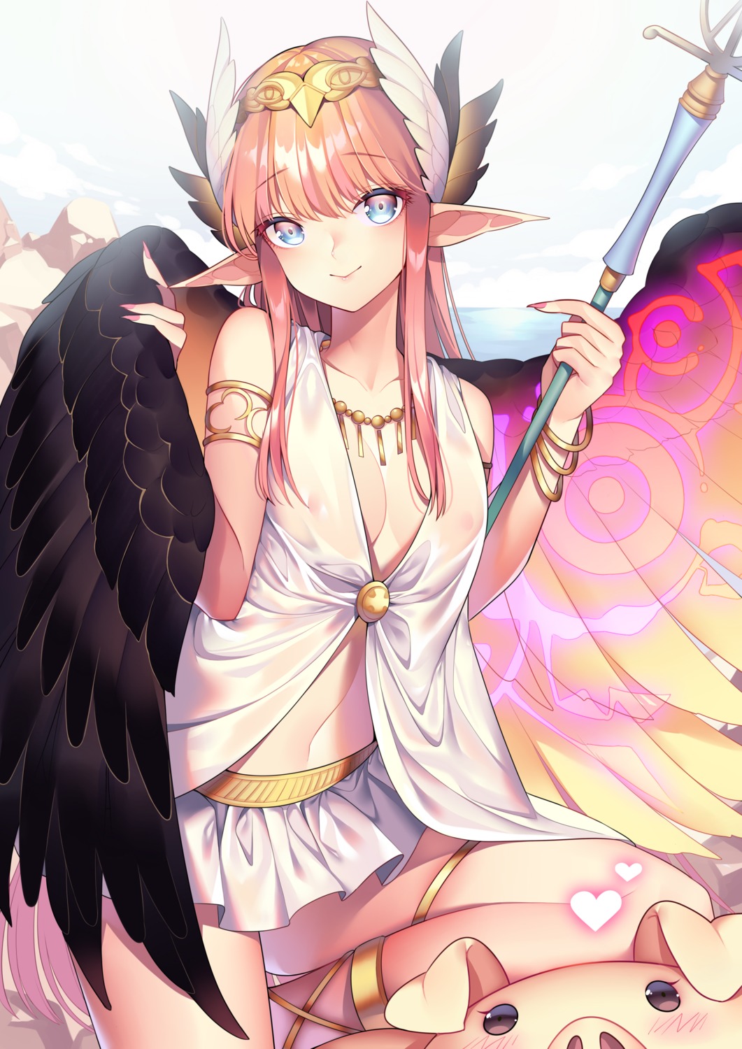 areola circe cleavage fate/grand_order garter may_(2747513627) no_bra pointy_ears see_through weapon wings
