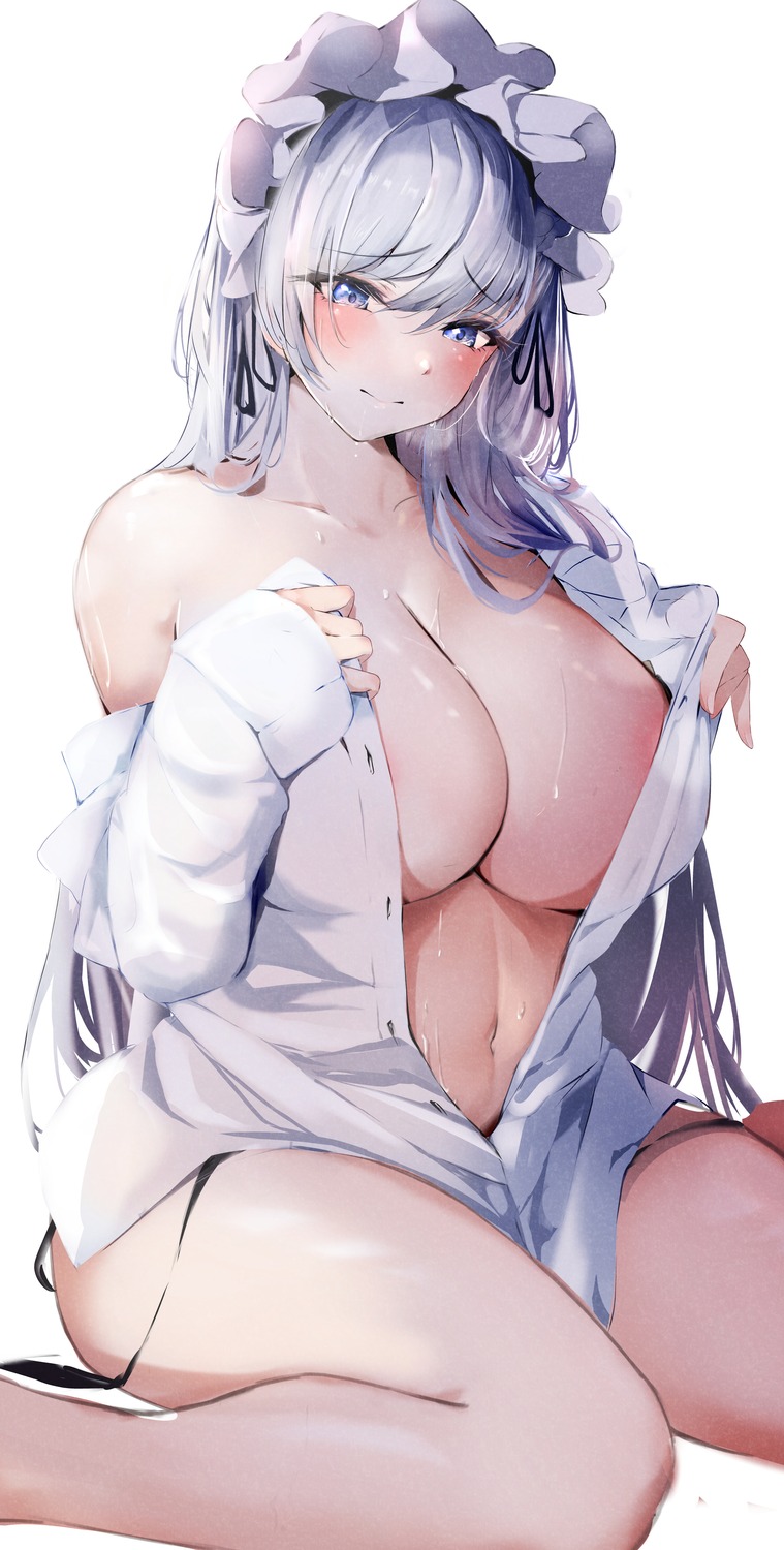 azur_lane belfast_(azur_lane) dress_shirt maid no_bra open_shirt raru_(nanaharararu) see_through undressing wet