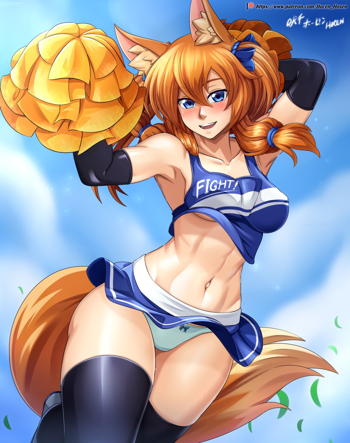 animal_ears cheerleader holcen_hosen kitsu_(holcen_hosen) kitsune no_bra pantsu shirt_lift skirt_lift tail thighhighs underboob